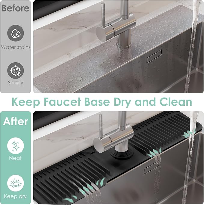 24 Inch Silicone Faucet Mat for Kitchen Sink Splash Guard - 7° Slope Water Draining Mat With Fasten Button for Bathroom Area (Black, 24''x5.5'')