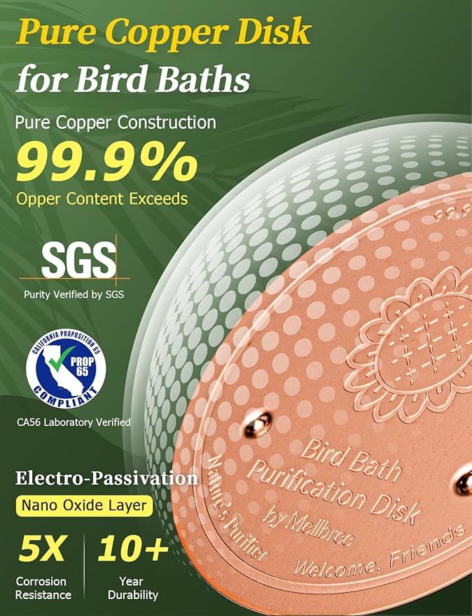 Mellbree 2-Pack Bird Bath Copper Disk, 0.6mm Reinforced 99.99% Pure Copper Cleaning Disk with Triple-Point Support for Physical Safe Clean Water, Universal Fit for Outdoor Birdbath, Bowl (Sunflower)