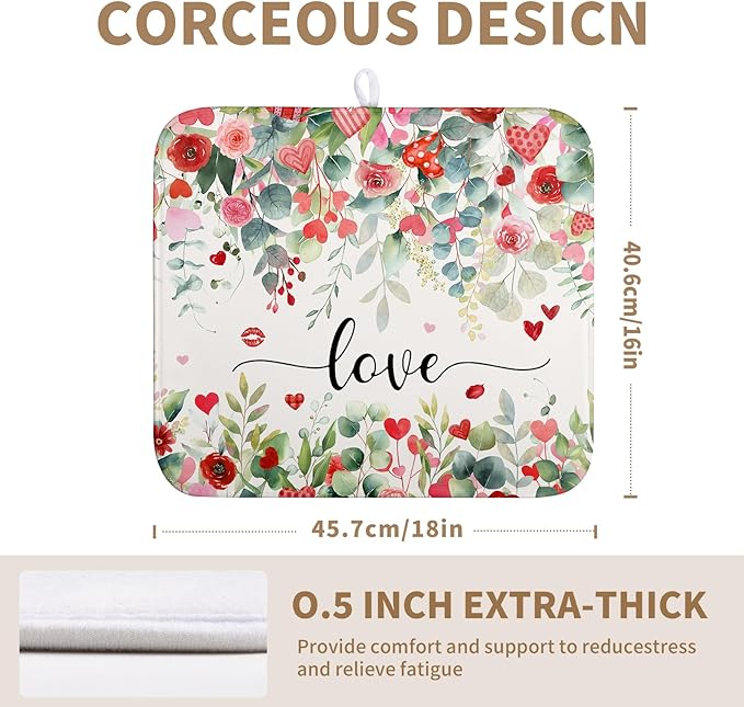 Valentines Day Love Heart Rose Eucalyptus Leaves Dish Drying Mat for Kitchen Counter 16x18 Inch Spring Valentine Microfiber Absorbent Dish Drainer Mats Reversible Drying Pad
