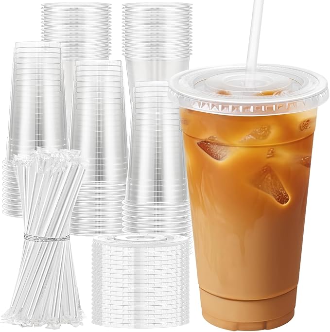 Lamosi 100 Pack 24 oz Clear Plastic Cups with Lids and Straws, Disposable Iced Coffee Cups with Lids for To-Go Cold Drinks, Smoothies and Slushie
