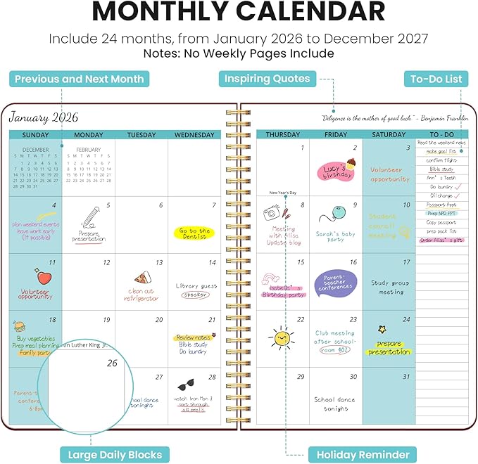 Monthly Planner 2026-2027, 2 Year Months Calendar Planner 2026-2027, Runs from January 2026 - December 2027, 7" x 10", 24 Months, Perfect for School Office Home Planning - Burgundy