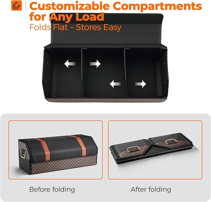 Fyzeoty Car Organizers and Storage - Trunk Organizer for SUV Car, Car Trunk Leather Storage Box, Extra Large, Magnetic Lid, Collapsible and Adjustable