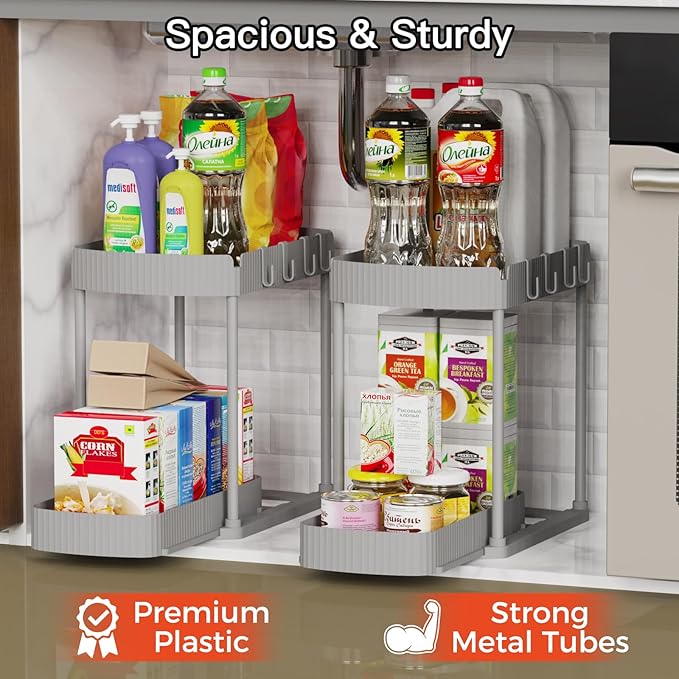 2 Pack Multi-Purpose Pull-Out Storage Organizers, Under Sink Organizers and Storage for Bathroom & Kitchen, Under Cabinet Organizers and storage, 12.8 Inch, Grey
