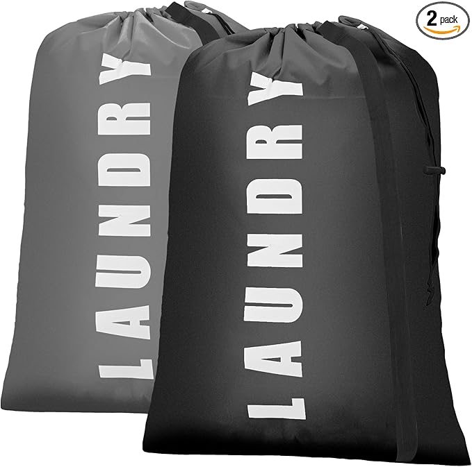 Isink Heavy Duty Laundry Bag with Strap, 2 Pack Travel Laundry Bags for Dirty Clothes, 24" x 36" Large Laundry Bag for Traveling, Camping, Dorm (Black+ Gray)