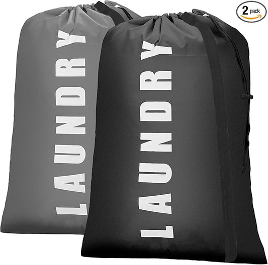 Isink Heavy Duty Laundry Bag with Strap, 2 Pack Travel Laundry Bags for Dirty Clothes, 24" x 36" Large Laundry Bag for Traveling, Camping, Dorm (Black+ Gray)