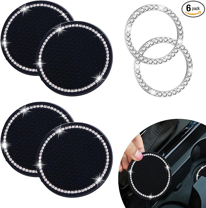 Bling Car Cup Holder Coaster, Anti-Slip Rhinestone Cup Holder Insert (4 Pack) with Push Start Button Cover Button Ring (2 Pack), Shiny Diamond Car Interior Accessories for Women (Black)