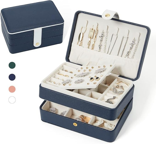PU Leather Travel Jewelry Organizer Case for Women & Girls, 2-Layer Portable Jewelry Box for Earrings, Rings, Necklaces, Bracelets, Compact Jewelry Storage (Blue, Small)
