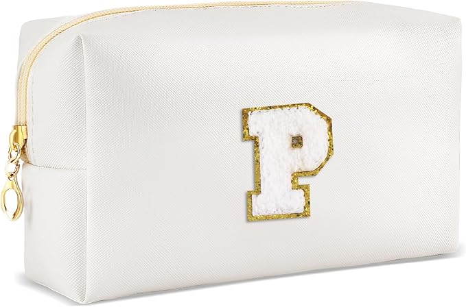 Gifts for Girls Initial Makeup Bag Personalized Cosmetic Bag with Zipper Cute Travel Toiletry Bags Waterproof PU Preppy Makeup Pouch Birthday Gift for Teen Girls Women(White P)