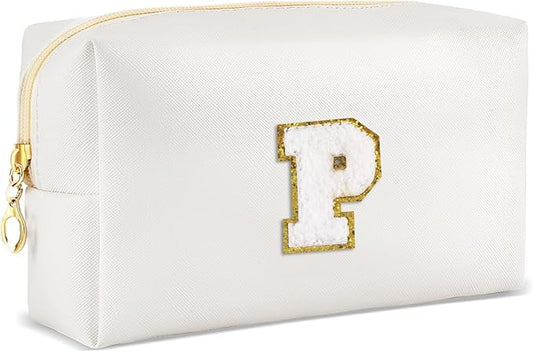 Gifts for Girls Initial Makeup Bag Personalized Cosmetic Bag with Zipper Cute Travel Toiletry Bags Waterproof PU Preppy Makeup Pouch Birthday Gift for Teen Girls Women(White P)
