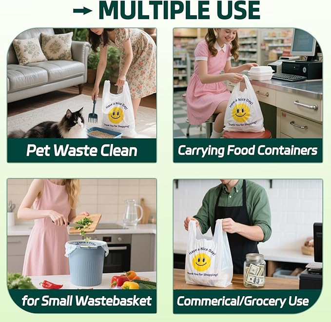 0.8Mil(20 Microns), 1000 Count, Plastic Bags with Handles, T-Shirt bags, Thank You bags, Shopping Bag, Grocery Bag, |for Store, Carry, Pack|, White, 1/6 Barrel, Large 11"x6"x21", Heavy Duty