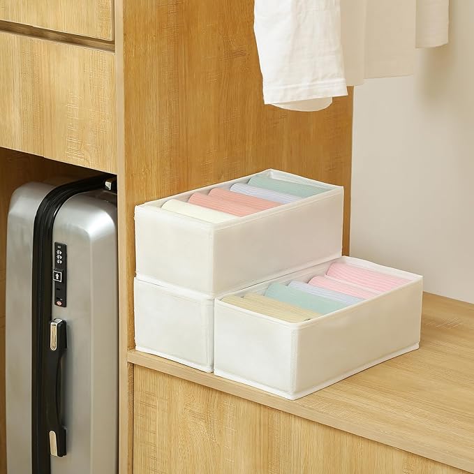 Qozary 3 Pack Sock Underwear Drawer Organizer Dividers, Non-Woven Fabric Collapsible Cabinet Closet Storage Boxes for Clothes, Socks, Lingerie, Underwear, Tie, Belt, Baby, Bedroom (White, 6 Cells)