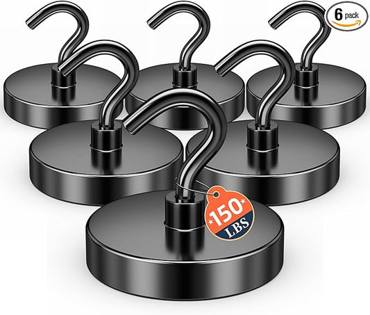 FINDMAG Black Magnetic Hooks for Classroom, 150lbs Magnetic Hooks for Cruise Cabins, Refrigerator, Whiteboard Magnets for Beach Vacation Essentials, Cubicle Accessories, Kitchen Accessories, 6 Pack