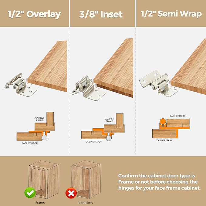 10 Pack 5 Pair Brushed Nickel Cabinet Hinges - 1/2 Inch Overlay Semi-Concealed Self Closing Hinges With Door Bumper - Silver Face Mount Kitchen Hardware