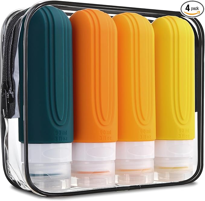 Travel Bottles for Toiletries, Tsa Approved 3oz Travel Size Containers BPA Free Leak Proof Refillable Liquid Silicone Squeezable Travel Accessories for Shampoo Conditioner Lotion (4 Pack)
