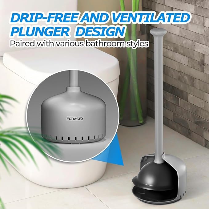 FORASTO Toilet Plunger with Holder,Plungers for Bathroom with Holder,Heavy Duty Plunger with Cover,Bathroom Decor，Bathroom Accessories，Toilet Bowl Cleaners,Charcoal Gray