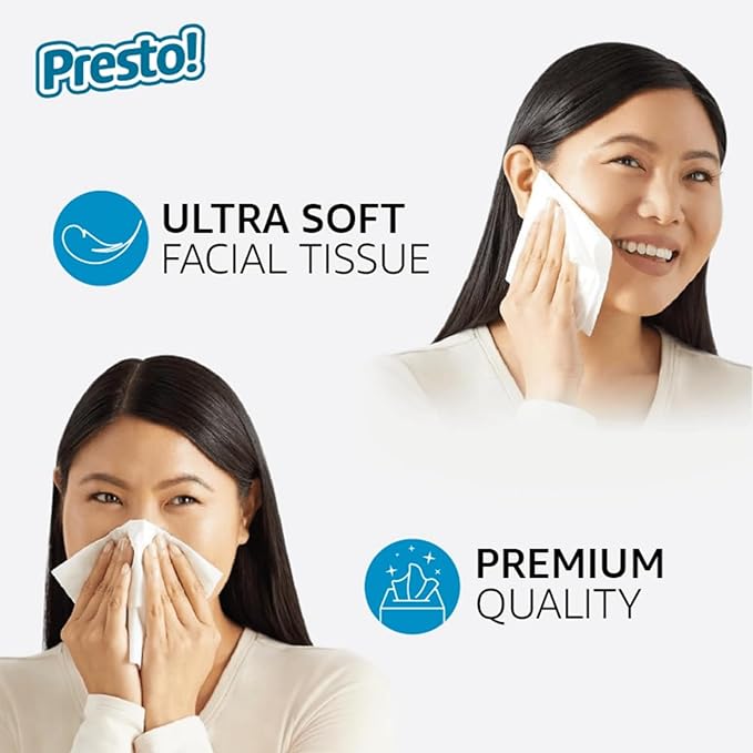 Amazon Brand - Presto! Ultra-Soft 3-Ply Premium Facial Tissues,792 Total Count,Packaging May Vary,66 Count (Pack of 12)