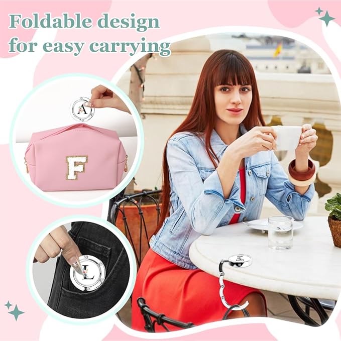 XSUIOY 3Pcs Personalized Initial Foldable Purse Hook for Table,Crushed Flower Letters Folding Purse Hanger,Purse Holder Handbag Hanger Collection Desk Table Bag Hooks Gifts for Women Bag(Black-D)