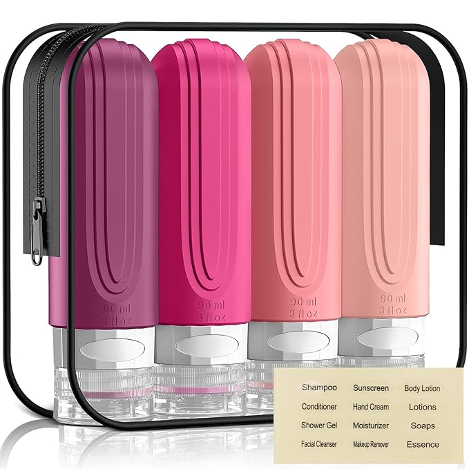 Travel Bottles for Toiletries, 3oz TSA Approved Travel Size Toiletries, Silicone Leak-Proof Refillable Containers, Squeezable Liquid Essentials Bottles W/Clear Bag (RED)