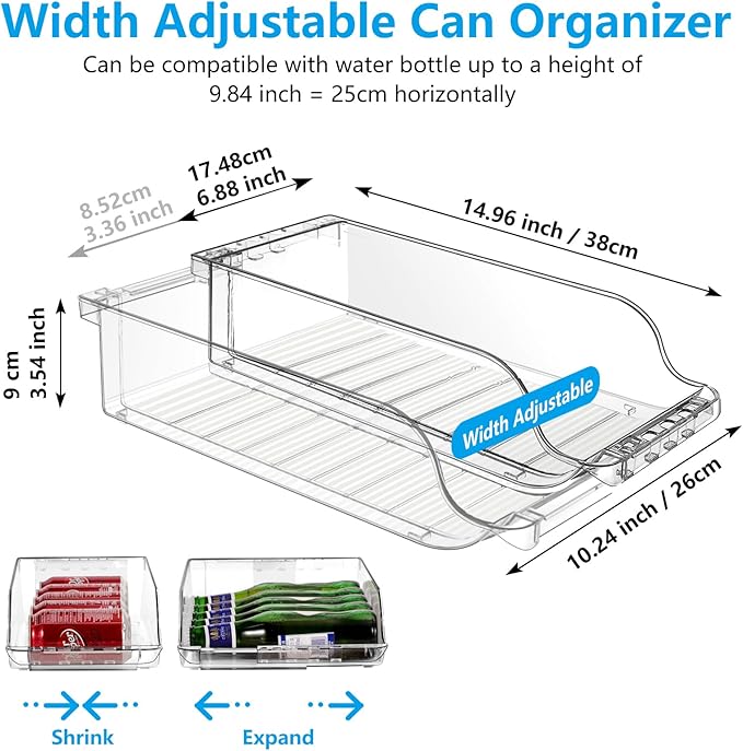 2 Packs Clear Width Adjustable Soda Can Organizer for Refrigerator Expandable Soda Can Dispenser for Beer Soda Seltzer Pop Can Soda Expand Organizer for Fridge Kitchen Pantry