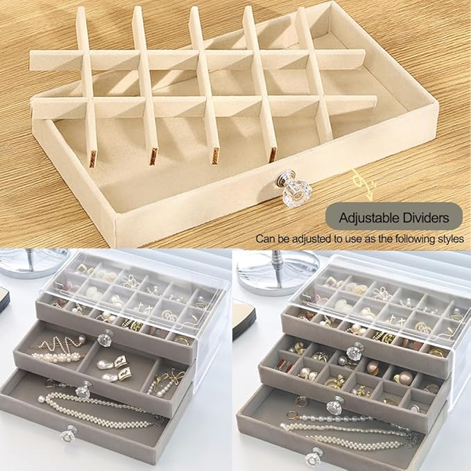 SPAKOWN Earring Box Holder Organizer Display Case, Clear Velvet Jewelry Storage Tray Organizer for Earring Ring Stud (Grey - 3 Drawers)
