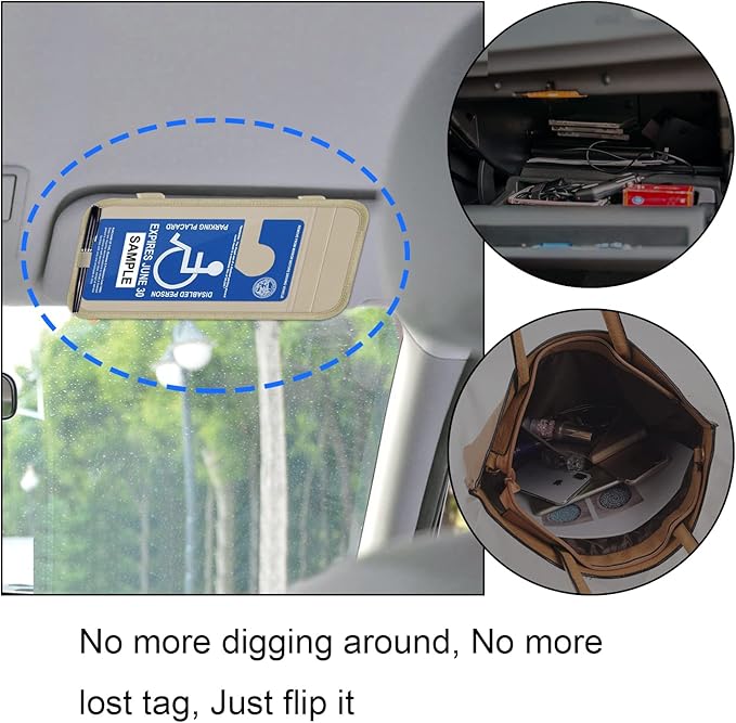 Handicap Placard Holder for Auto, Wisdompro Disabled Parking Permit Sign Protector for Car Sun Visor with Note Paper Slot, Pen Holder and Elastic Strap - Khaki