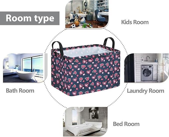 Rec Heart Print Box Hamper Storage Basket Collapsible Organizer Bin Gift Shelf Baskets for Home and Kitchen Storage