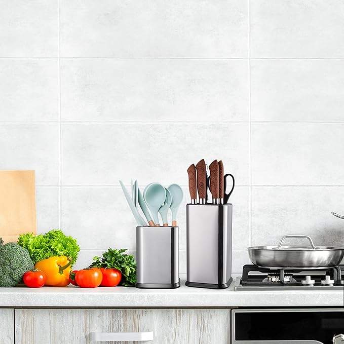 RedCall Stainless Steel Kitchen Utensil Holder for Countertop, Spoon Spatula Organizer, Modern Rectangular Large Cooking Utensil Caddy Counter, Utensil Crock Silver