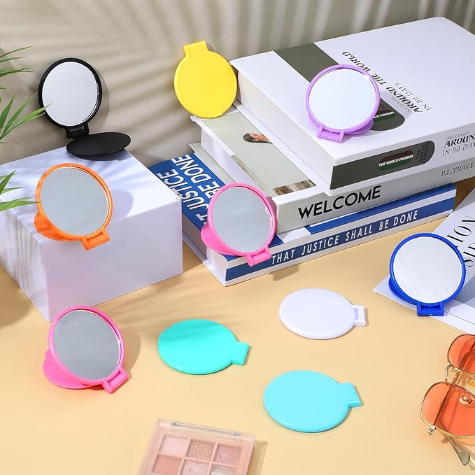 200 Pcs Compact Mirror Bulk Colorful Portable Round Makeup Mirror Mini Foldable for Women Men Travel Daily Use Purse Vanity Mirrors