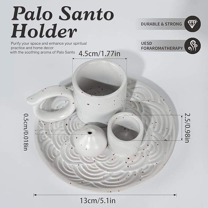5-in-1 White Ceramic Palo Santo Burner & Holder - Small Candle and Smudge Tray for Incense Sticks & Cones, Sage, Zen Meditation Altar Accessory – Compatible with Matches for Aromatic Scents
