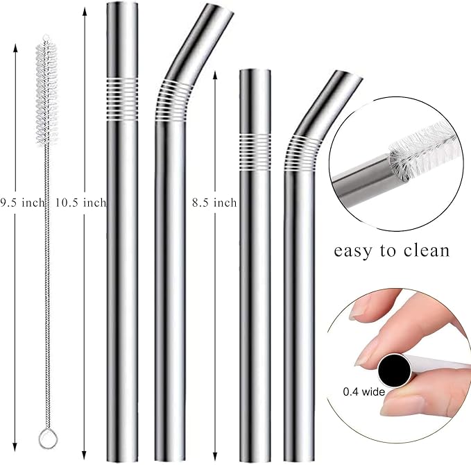 Stainless Steel Smoothie Straws, 0.4'' Extra Wide Reusable Metal Drinking Straws for Milkshake, Smoothie, Beverage, Set of 8 with 2 Cleaning Brush