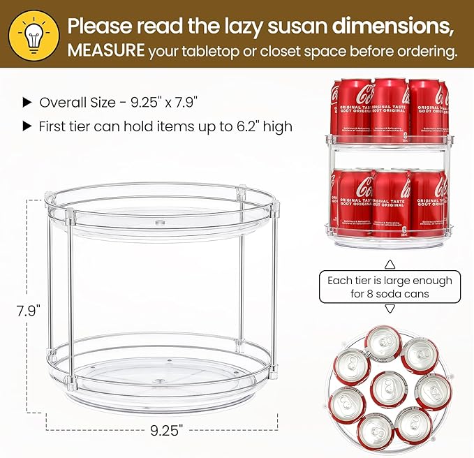 2 Set 2 Tier Non-Skid Acrylic Lazy Susan Turntable Organizer - Rotating Spice Rack - Spinning Organization for Kitchen, Pantry, Countertop, Closet, Bathroom, Vanity, Medicine Cabinet Organizing,9.25''