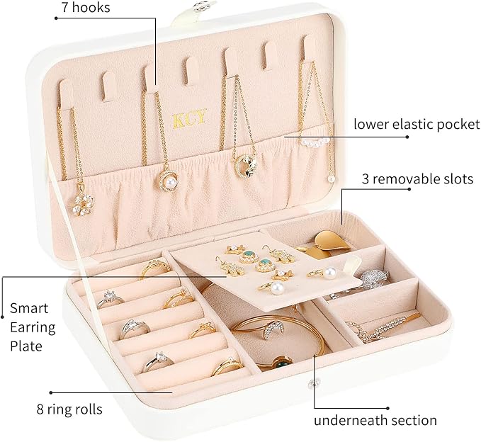 KCY Jewelry Box for Women Girls,Small Travel Jewelry Organizer Case,PU Leather Portable Jewellery Storage Boxes Display Holder for Ring Earrings Necklace Bracelet Bangle, Men Teen Kids Gift, White
