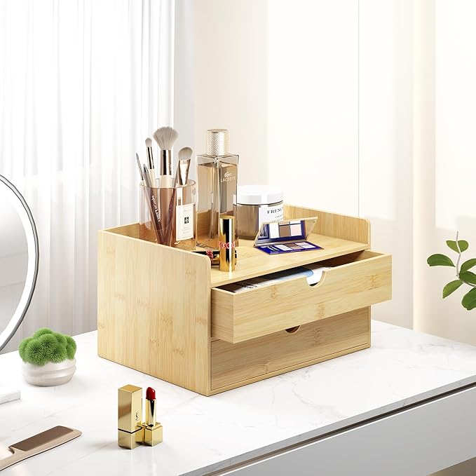 Bamboo Desk Organizer with Drawers Desktop Storage Drawers for Bills Office Supplies Kitchen Utensils Organizing Tool for Home Classroom Organization No Assembly (Nature 2 Drawer)