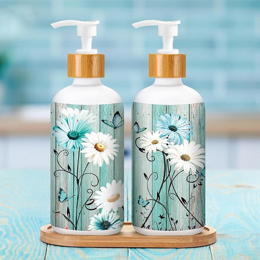 Potchen 2 Pack Glass Soap Dispenser Set Bathroom Decor Housewarming Gift Glass Soap Dispenser with Pump Wood Tray Home Decoration for Kitchen Bathroom (Teal Daisy)