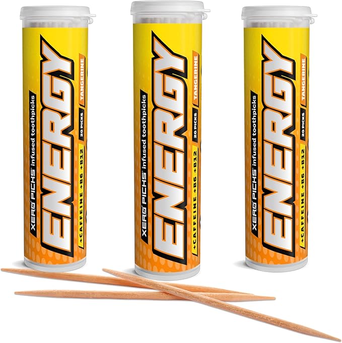 Xero Picks Energy Caffeine Flavored Toothpicks B12 for Focus & B6, 60 Picks (Pack of 3) (Tangerine) Sugar-Free Alternative to Energy Mints & Gum - Kosher