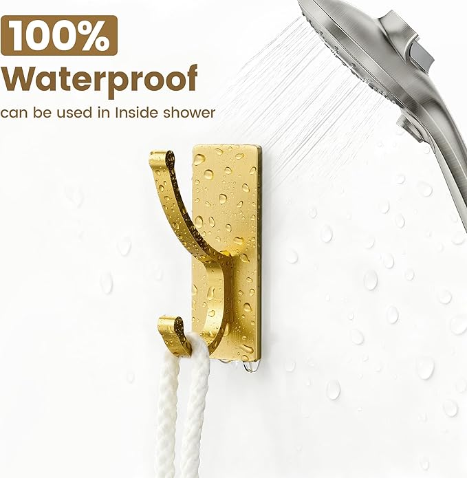 pickpiff Adhesive Wall Hooks with Strip - No Residue, Easy to Remove, Strong Heavy Duty Sticky Towel Hook, 8 Pack Brushed Gold