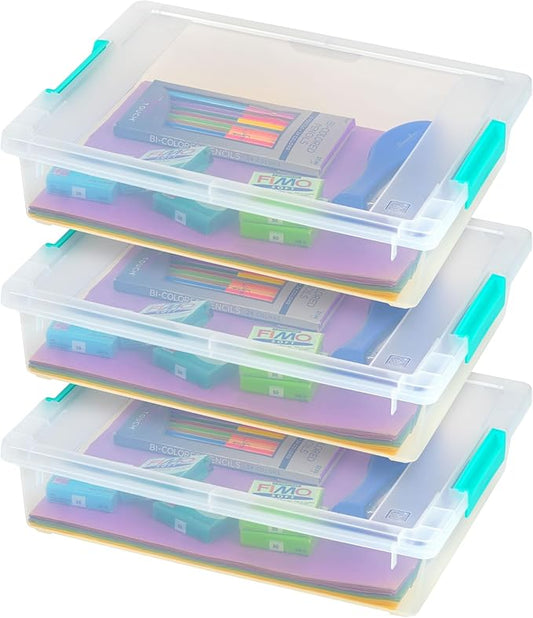IRIS USA 6 Qt. Craft Storage Bins with Lids, 3-Pack, Made in USA, Clip Box, Small Plastic Sensory Bin Tote Organizer Containers for Art Supplies, Paper, & Office, Stackable - Clear/Seafoam Blue