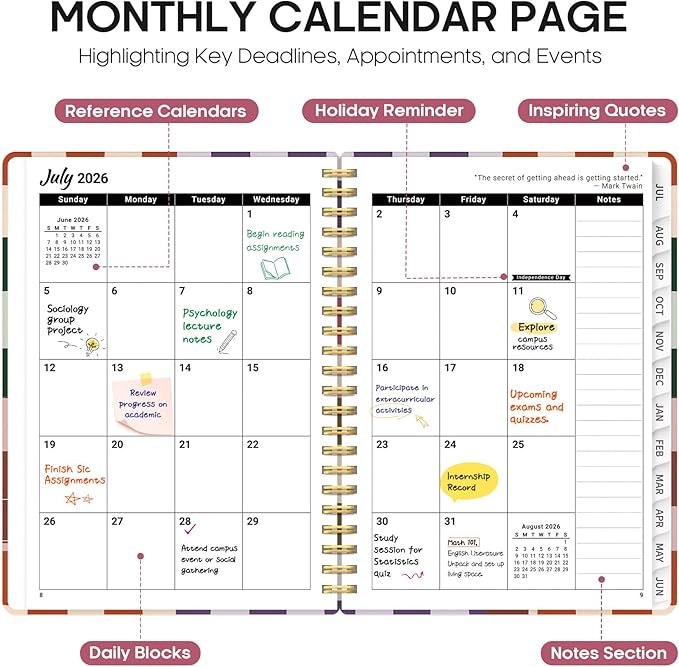 Planner 2026-2027, Academic Year Monthly and Weekly Calendar Planner, Jul 2026 - Jun 2027, Hardcover Teacher Student Planning Agenda book with Tabs, Perfect for School Office Supplies, 6.3" x 8.5" - Checkered