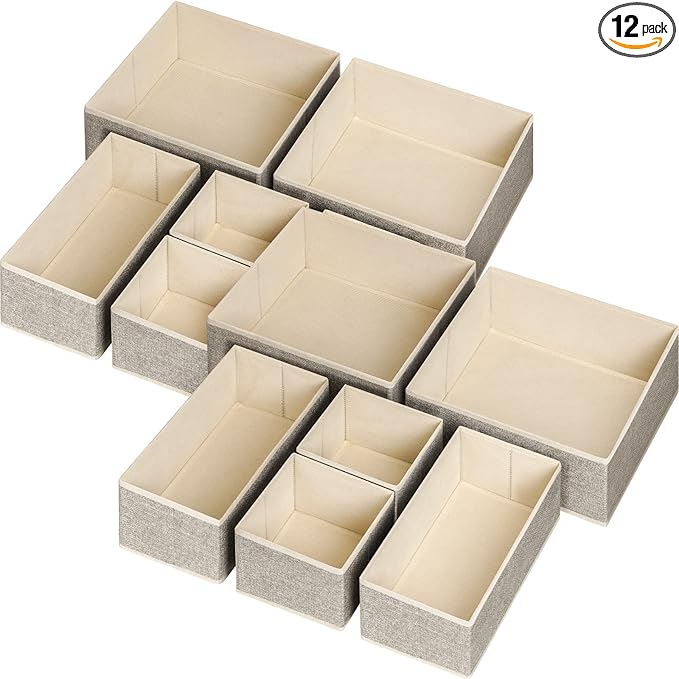 12 Pack Drawer Organizers for Clothing, Foldable Clothes Storage Box Closet Dresser Drawer Organizers Dividers, Bedroom Organization Fabric Bins for Baby Clothes Underwear Sock Bra Ties (Beige)