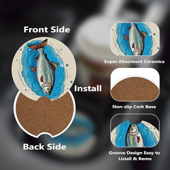 Car Cup Holder Coasters, 2 Pcs Ceramic Coasters with Cork Back and Finger Slot, Anti-Slip Shock Absorbing Women and Men Universal Car Accessories - Salted Fish