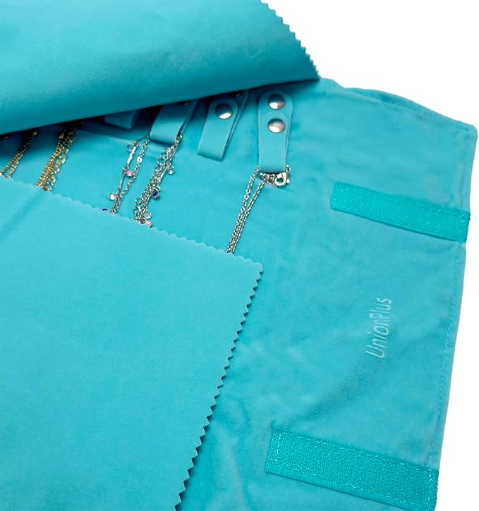 UnionPlus Velvet Travel Jewelry Roll Bag Organizer for Necklaces Bracelets, Extra Large Black with Elastic Band for Necklaces Only, River Blue