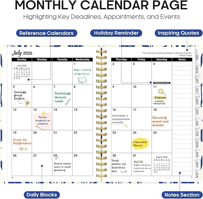Planner 2026-2027, Academic Year Weekly and Monthly Calender Planner, from Jul 2026 - Jun 2027, Spiral Bound School Planning Book, Perfect for Teacher, Student, Women & Men, A5 (6.3" x 8.5"), Indigo Tulips