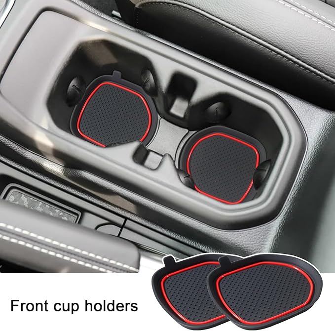 Cup Holder Coaster for Wrangler JL JLU 2018-2025 2026 Wrangler Accessories Gladiator JT 2020-2026 Silicone Cup Inserts Interior Mats Pad (Red Trim, 4-pcs Set, for Deep Rear Cup Holders)
