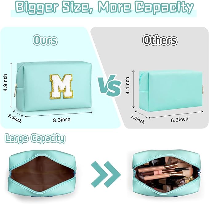 TOPEAST Preppy Makeup Bag, Cute Makeup Pouch PU Leather Waterproof Cosmetic Bag, Personalized Birthday Gifts for Mom Teacher Friends Bridesmaids Nurse, Trendy Stuff for Girls (Blue I)