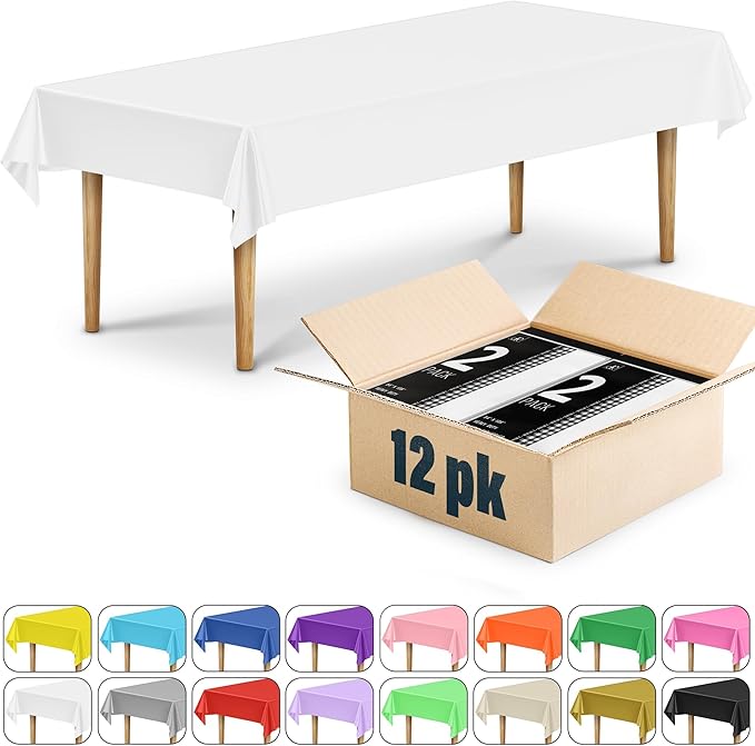 DecorRack 12 Rectangular Tablecloths BPA-Free Plastic, 54 x 108 inch, Dining Table Cloth, Rectangle Table Cover for Parties, Picnic, Camping and Outdoor, Disposable or Reusable, White (12 Pack)