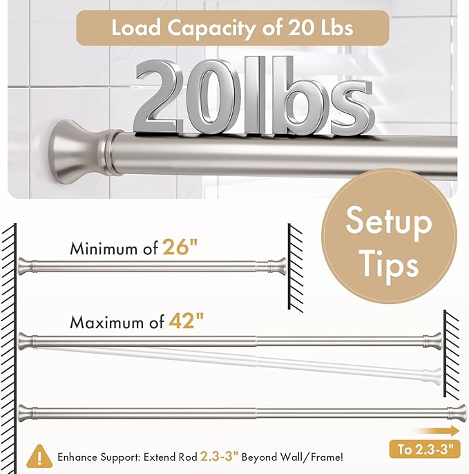 Amazer Spring Tension Shower Curtain Rod, 26-42 Inches Rust-Resistance Tension Curtain Rod Bathroom Rod, Adjustable Shower Curtain Rod No Drill, Nickel