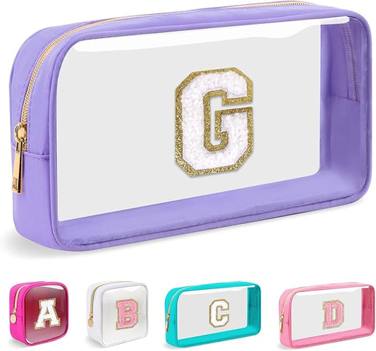 Small Clear Personalized Initial Makeup Bag,Nylon Preppy A-Z Chenille Letter Patch Cosmetic Pouch Beach Toiletry Bag,Waterproof Zip Travel Purse Storage Bag Organizer for Women Girls(Purple-White G)