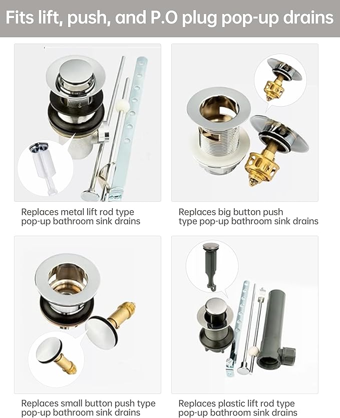 Fransiton Bathroom Sink Drain Stopper, Big-Cap Pop-up Drain Fits 1.1“-1.77”Lavatory Vanity RV Sink, Anti-Clogging Drain Plug with Detachable Hair Catcher, Chrome Plated