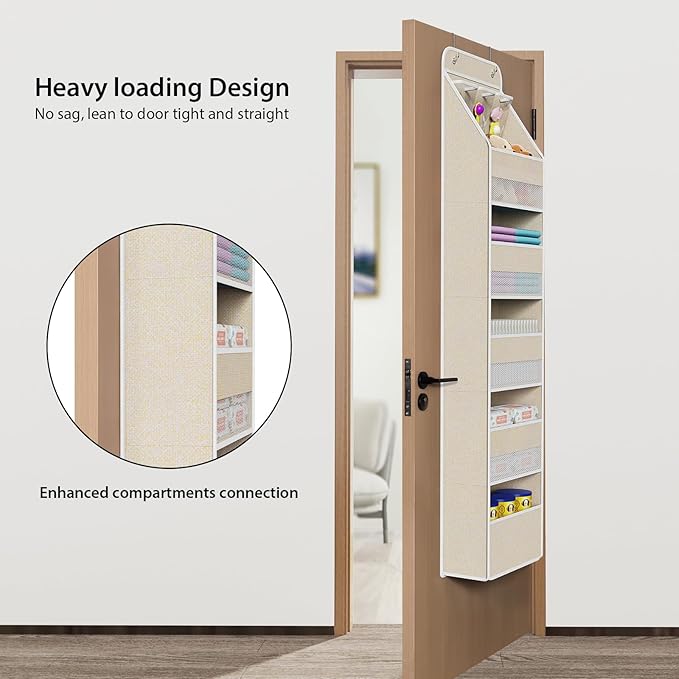 Univivi 6-Shelf Over Door Hanging Organizer Fabric Baby Door Storage with 5 Large Pockets and 3 Small PVC Pockets Wall Mount Hanging Storage Organizers for Baby Essential (Beige)