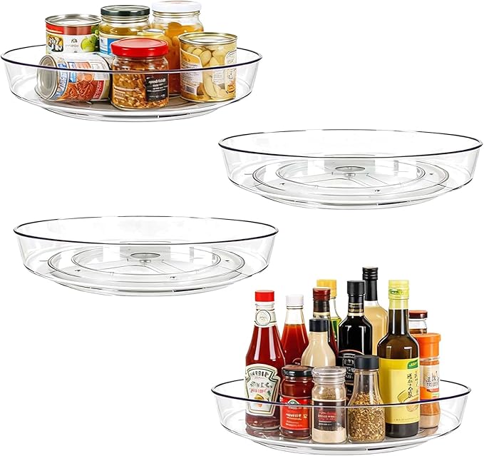 Lazy Susan Turntable for Spice Organization | Clear BPA-Free Plastic Rotating Organizer for Kitchen Cabinet, Pantry, Countertop, Fridge | 360-Degree Rotating Base (10 inch - 4 Pack)